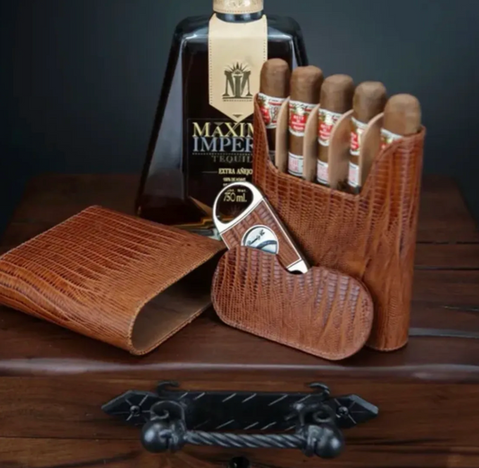 The "Show Band" 5 Cigar Case - Lizard Pattern Havana