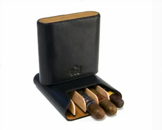 The "Show Band" 5 Cigar Case - Black Leather and Zebrawood