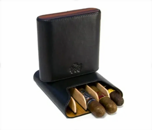 The "Show Band" 5 Cigar Case - Black Leather and Rosewood