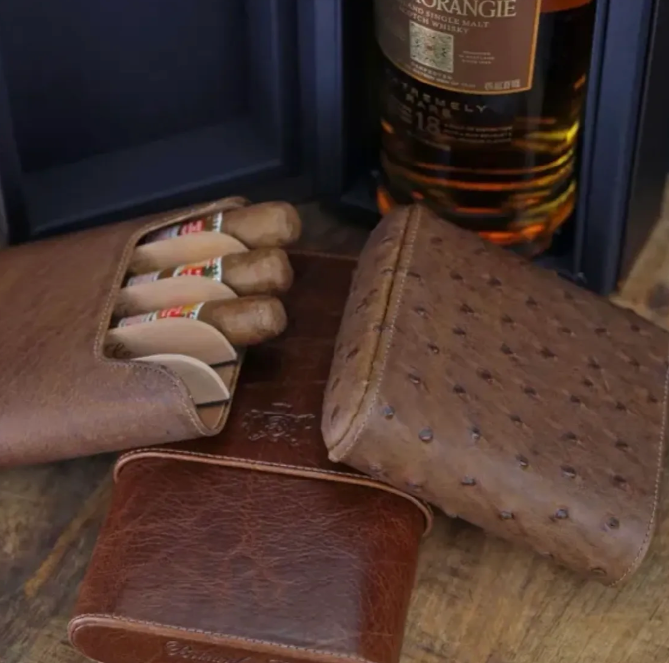 The "Show Band" 5 Cigar Case - Ostrich Antique Saddle