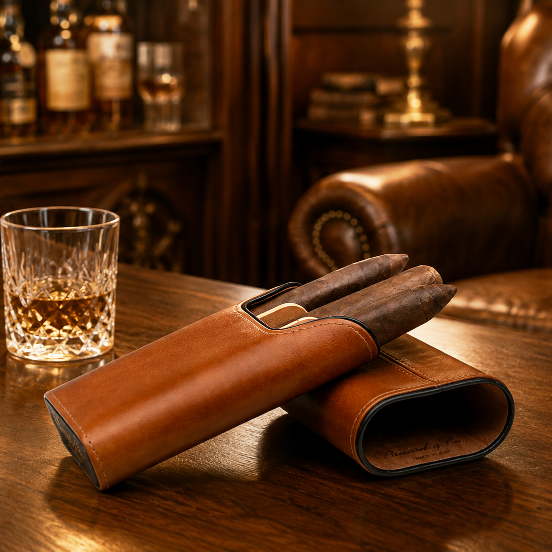 The "Show Band" 3 Cigar Case - Whisky and Black Leather