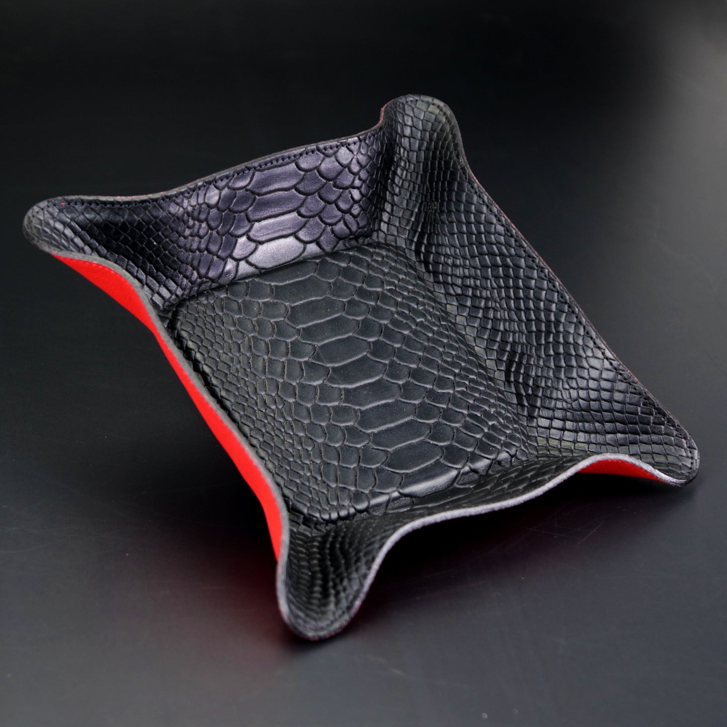 The "Valet" Leather Tray - Black Python Pattern and Red Leather